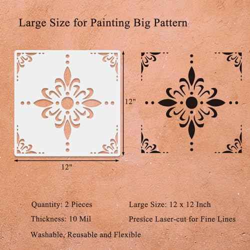 2pcs 12 x 12 Inches Large Floor Tile Stencils for Painting Floors, Tiles, Walkway, Patio, Wood, Reusable Mandala Stencil for Porch Concrete Floor Stencil