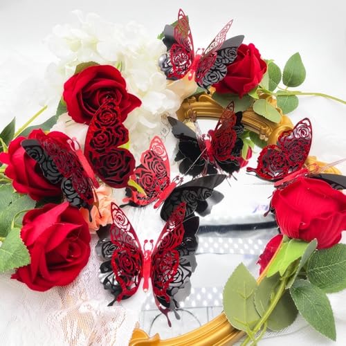 3D Butterfly Wall Decor Valentine's Rose Butterfly Sticker Decoration 3.85x4.6 inche Red Black Double Deck Removable Sticker for Birthday Holiday Party Decoration-6pcs