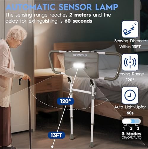 Bed Rails for Elderly Adults Safety – Foldable & Adjustable Bed Assist Rail with Motion Sensor Light & Storage Pouch, Non-Slip Handle, Tool-Free Assembly, Fits King, Queen, Full, Twin Beds