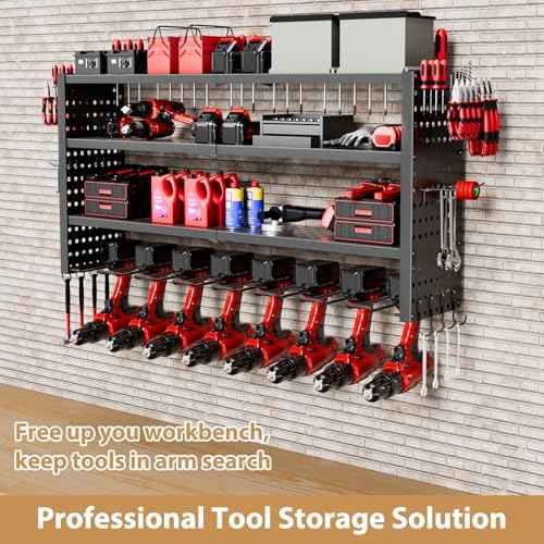 Power Tool Organizer Wall Mount, 4 Layer Heavy Duty Garage organizer Loads 280lbs, Tool Organizers with 8 Drill Hanger, Battery Tools Holder Garage Storage Organization for Workbench, Pegboard, Shed