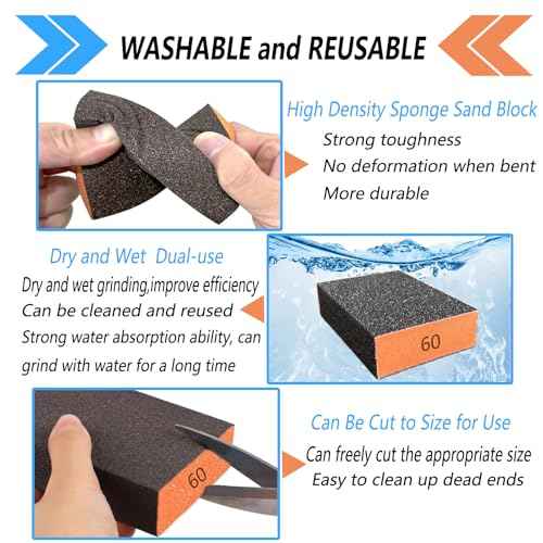 10-Pack Sanding Sponge, Five Grits Per Pack (60/80/120/180/220), Washable & Reusable Sanding Block for Wood, Drywall, Metal, and Glazing, Ergonomic Hand Sanding Tool