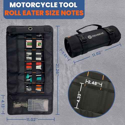 Tool Roll Organizer with Stand-up Baffle,1680D PVC Motorcycle Tool Roll Bag, Heavy duty Wrench Roll with Mesh Zipper Pocket,Roll Up Tool Bag for Motorcycle, Car, Pickup, ATV/UTV, Bicycle or Hobbyist