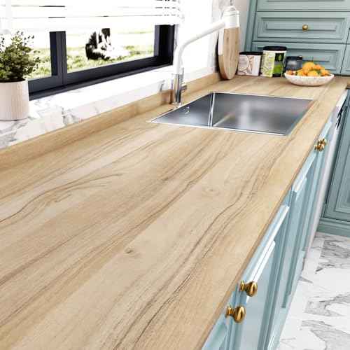 Wallercity Light Brown Wooden Wallpaper Peel and Stick Oak Wood Contact Paper for Countertops Removable Peel and Stick Wallpaper Waterproof Vinyl Wood Grain Contact Paper for Cabinet Desk 15.8x78.7 IN