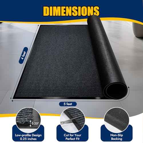 Extra Large Indoor/Outdoor Entrance Mat - 4 x 5 Feet, Rubber Border Door Mat, Waterproof, Low-Profile, Easy to Clean, Rubber Entry Mat,Commercial Floor Mat, Charcoal Grey