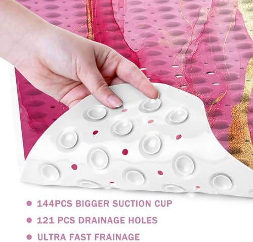 Marble Bath Tub Mat Non Slip, Pink Marble Non Slip Bath Mat for Shower, Large Washable Shower mats for Showers with Drain Holes and Suction Cups,40 X 16 Inch