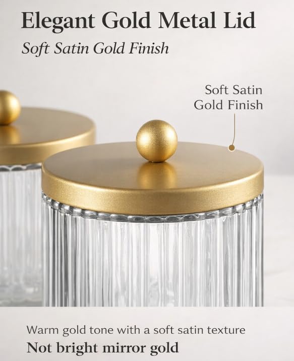 KMwares Matte Golden Yellow Set of 2 Glass Qtip Holder Dispenser Set for Cotton Ball, Swab, Round Pads, Floss Picks - Bathroom Canister Storage Organization and Vanity Makeup Organizer