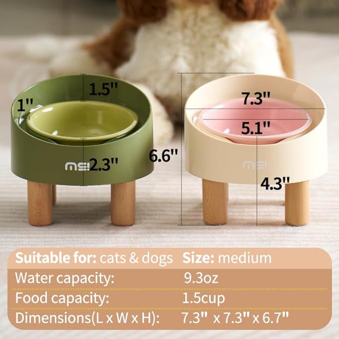 MS!MAKE SURE Ceramic Elevated Cat Bowls with Wooden Stand Set, Adjustable Raised Pet Bowls for Small Dogs & Cats, Anti - Slip Rubber Pad, Leak - Proof, Lead & Cadmium Free, Whisker - Friendly, Pink