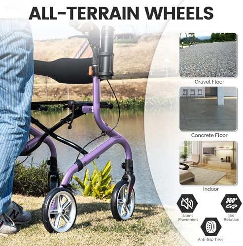 Super Lightweight Rollator Walker for Seniors, Foldable Rolling Walker with Seat and 8" Rubber Wheels for All Terrain, Upgraded Height Adjustment Button with Cup Holder, Purple