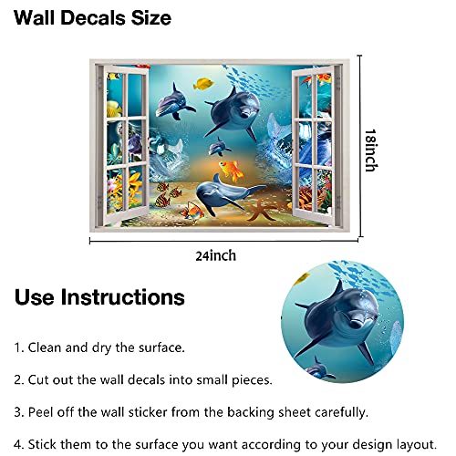3D Ocean World Fake Windows Wall Sticker,Shark Turtle Tropical Fishes Sea Life Peel and Stick Removable Windows Wall Decals for Boys and Girls Bedroom Playroom Living Room£¨24"x18"£©