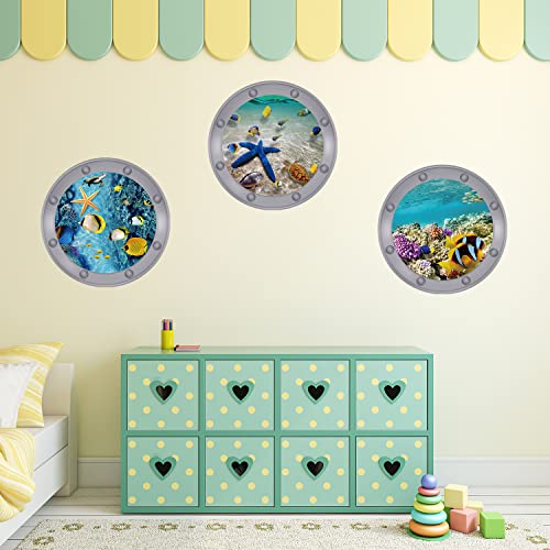 3PCS Ocean Animal Stickers-Wall Decor Wall Decals Peel and Stick, Fish, Ocean Turtle and Coral Patterns Room Decor 3D Stickers(12x12 inch)