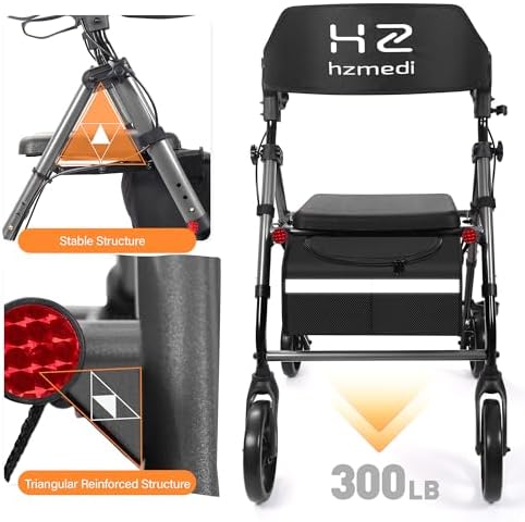 Walkers for Seniors with Seat, 8" Big Wheels Folding Adult Rolling Walker for All Terrain, Dual Adjustable Height Medical Walker with Backrest and Brakes| Metallic Gray