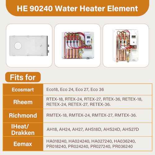 HE 90240 Heating Elements - Electric Hot Water Heater Elements Fits for Ecosmart ECO 18, 24, 27, 36 & Rheem RTEX-18, 24, 27 (3 Pack) - 9KW, 240V