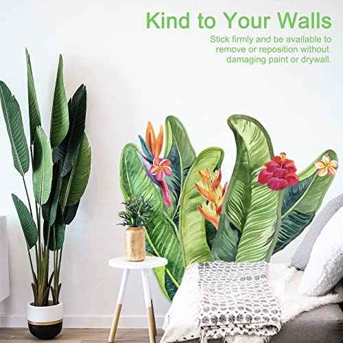 Giant Tropical Palm Leaf Wall Decals Peel and Stick - Large Tropical Green Leaves Flowers Wall Stickers Removable - Vinyl Jungle Wall Decal Decor for Living Room Bedroom Bathroom