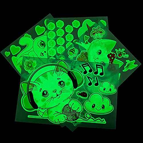 Glow in The Dark Stars for Room,Cats Glowing Wall/Ceiling Decals, Kitten Butterflies Stickers for Kids Bedroom, Clouds Bees Luminous Wall Decor for Boy and Girl Living Room