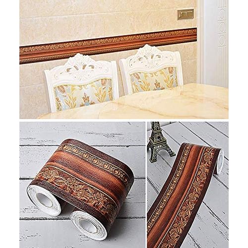 REDODECO 3D Pattern Self Adhesive Floral Molding PVC Wallpaper Border Home Deco (Dark Brown)