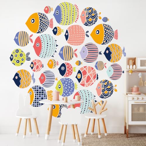 Boho Style Fish Wall Decals Ocean Fish Characters Wall Stickers DIY Peel & Stick Under The Sea Wall Art Sticker for Kids Bedroom Playroom Bathroom Baby Nursery
