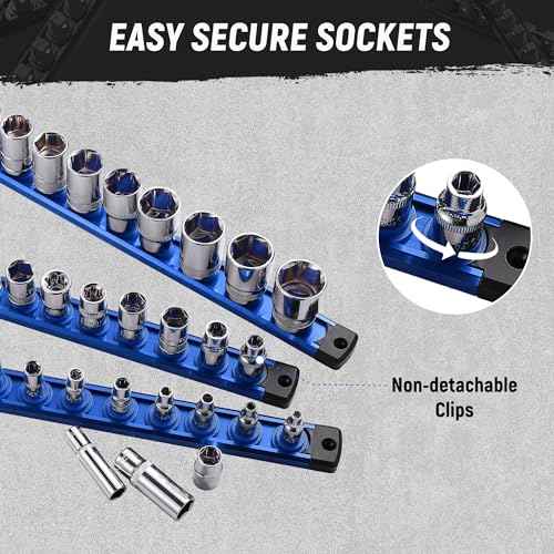 ALOANES Magnetic Socket Organizer Set, 3-Piece Heavy Duty Aluminum Socket Holder Socket Rail Organizer for Tool Box, 360¡Æ Swivel Clips Socket Rack 1/4, 3/8, 1/2-Inch x 40 Clips (Blue)