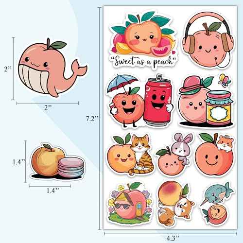 Peach Stickers 50 Pieces Vinyl Waterproof Decal for Laptop Water Bottle Phone Car Window Bike Motorcycle Stakeboard Scrapbook Peaches Sticker Gifts for Kid Teen Adult