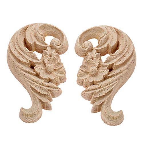 MUXSAM 1-Pair Rose Carved Wood Appliques Onlay, 8.5x5x1cm/3.35x1.97x0.39inch, Door Decorative Excellent Funiture Decal Sticker for Cabinet Drawer Window Dresser