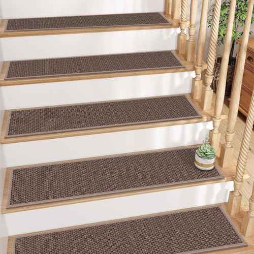 GOYLSER Rubber Backed Jute Carpet Stair Treads Mats, 15 Pack Basement Safety Stair Rug Step Pads, Non Slip Stairway Covers, 8"x30", Light Brown