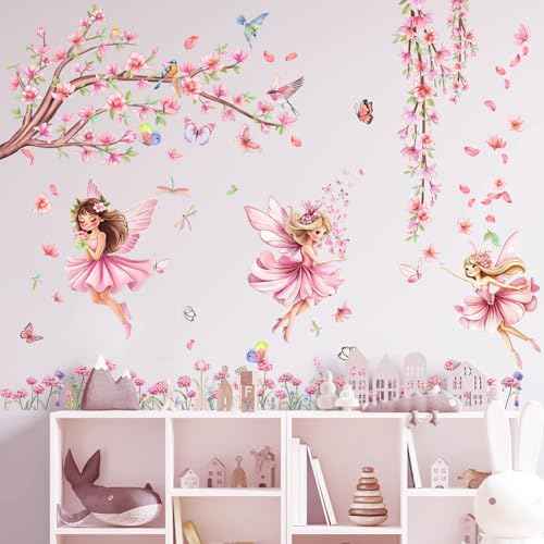Pink Fairy Garden Wall Decals with Cherry Blossom Tree Floral Wall Stickers Peel and Stick Butterflies Birds DIY Wall Art for Girls Bedroom Baby Nursery Kids Room