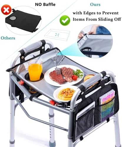 BAGSFY Walker Tray w/Side Pocket for Folding Walkers – Walker Accessory for Seniors with Cup Holder, Non-Slip Mat, and Easy Installation – Universal Fit Walker Table for Meals, Drinks, Reading