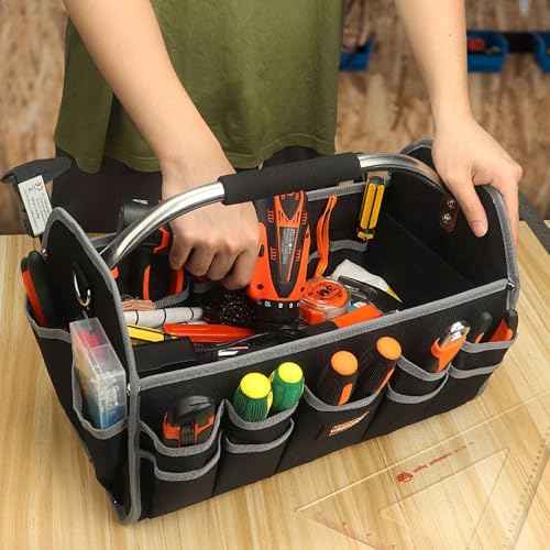16 Inch Electrician Tool Bag, Open Top Tool Bag, Open Top Tool Bags, 26 Pockets Organizer with Steel Handle and Removable Shoulder Strap