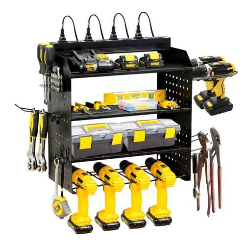 Modular Power Tool Organizer Wall Mount with Charging Station,8 Outlets,4-Layer,6 Drill Holders,4 Hooks,Metal drill holder wall mount,6.5ft Cord,Garage,Workbench,Workshop,Black