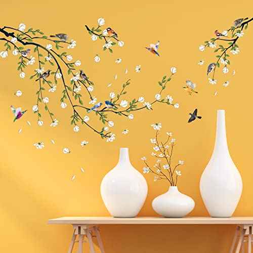Green Vine Wall Decal White Flowers and Birds on Branch Natural View Wall Sticker DIY Detachable Peel and Stick Wall Art Mural for Living Room Bedroom offcie Home Decor