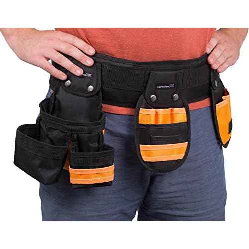 Internet¡¯s Best Tool Belt Carpenter Apron - 10 Pockets - Quick Release Work Belt with Utility Pouch - Handyman Rig - Removable Bags