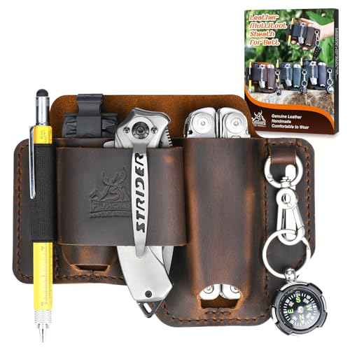 FLYHOMES Genuine Leather Multitool Sheath | Handmade Stitched Belt Organizer for Leatherman Surge | Holds Bit Kit & Extender | Flashlight Holster, Pen & EDC Tools Pouch | Dark Brown