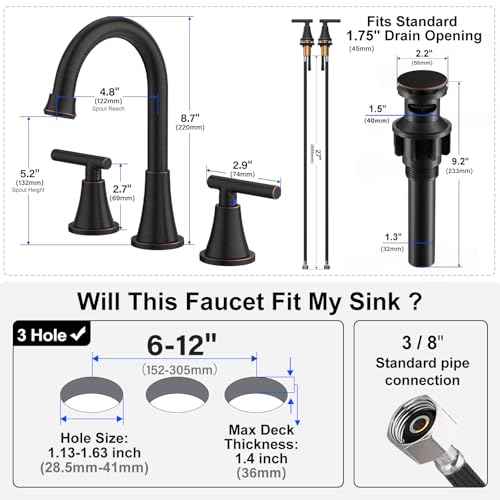 Bathroom Faucets for Sink 3 Hole, Hurran Oil Rubbed Bronze Bathroom Sink Faucet with Pop-up Drain and Supply Lines, Stainless Steel Lead-Free Widespread Faucet for Vanity RV Farmhouse