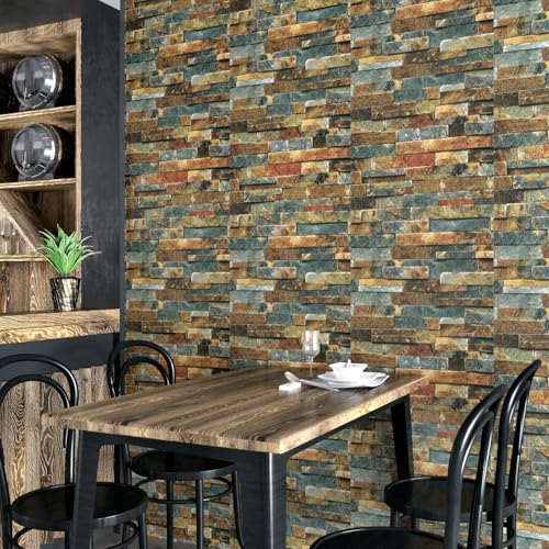 Wallercity Vintage Faux Blue/Brown Wallpaper Peel and Stick Wallpaper Waterproof Self-Adhesive Stone Wallpapers 3D Rock Textured Contact Paper for Kitchen Backsplash Living Room Bedroom 15.8''x78.7''