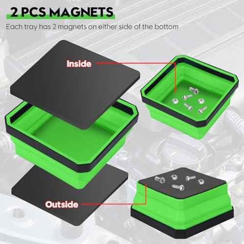 Collapsible Magnetic Parts Tray Set, 4 Pack New Version Magnetic Tool Trays for Screw Bolts Nuts Washers Pins & Small Metal Parts-4.5¡± Square Silicone Bowls with Double Sided Magnetic Base(Green)