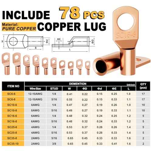 Battery Cable Lug Crimping Tool for AWG 10-1/0, Electrical Lug Crimper with 78pcs Copper Wire Lugs and 110pcs 3:1 Adhesive Heat Shrink Tubing, Wire Crimping Tool for Battery Cables