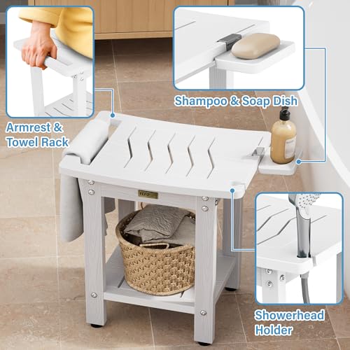 YEFU Shower Chair for Inside Shower: Waterproof/No Maintenance - Shower Stool with Shelf & Handle Weight 400 LBS - Use for Bathrooms/Outdoor - Non-Slip Easy Assemble Bench for Adult/Elderly/White
