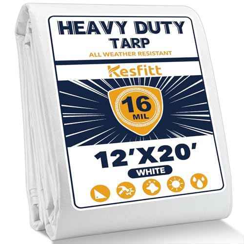Kesfitt Tarp Heavy Duty Waterproof 12x20FT,16 Mil Thick Tarps Tear&Fade Resistant,UV Resistant,Poly Tarp Cover with Grommets and Reinforced Edges for Outdoor Camping Pools Boat Car(White)