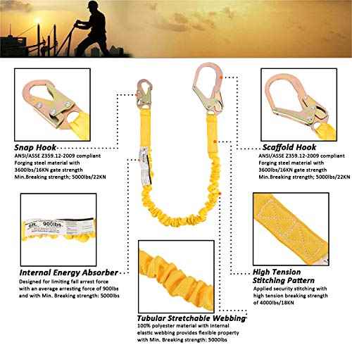 Single Leg 6-Foot Fall Protection Internal Shock Absorbing Stretchable Safety Lanyard with Snap & Rebar Hook Connectors CSA£¦ANSI Compliant
