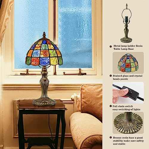 Small Tiffany Lamp Stained Glass Table Lamp Crystal Square Style,8 Inches Wide Lamp Shade Tiffany Style Night Light,15.7 Inches Tall Vintage TLamp for Bedroom Bedside