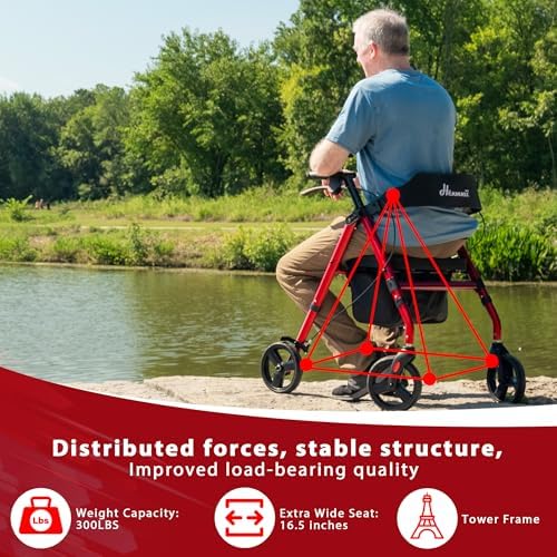Walker for Seniors, Lightweight Rollator Walker with seat, Foldable Rolling Walker with 8 inch All Terrain Rubber Wheels, Ergonomic Adjustable Handles and Backrest for Seniors and Adult.