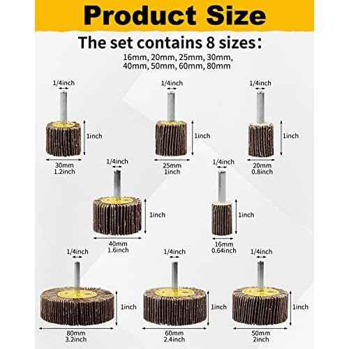8 Pcs Flap Wheel Sander Set, 1/4" Shank 8Size Flapper Wheel, SHITIME Long-Lasting Cylindrical Shape Sanding Wheel for Removing and Polishing Rust Paint(80 Grit)