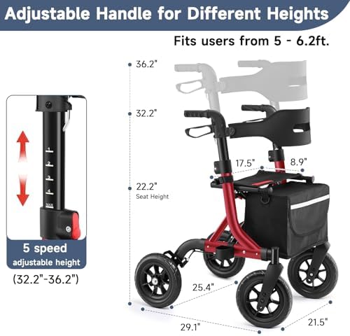 Rollator Walker for Seniors, Foldable All Terrain Rolling Walker with seat, Aluminum Walkers with 10 inch Rubber Wheels, Built-in Cable, Cup Holder, Adjustable Handles and Backrest for Seniors, Red