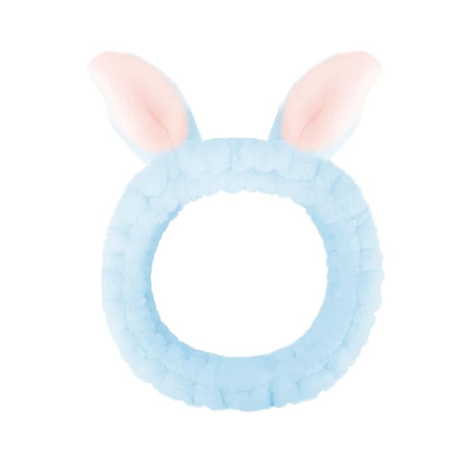 Cute Blue Rabbit Ears Headband Frog Eye Elastic to Wash Face for Women Makeup Shower Spa (1 Pack)