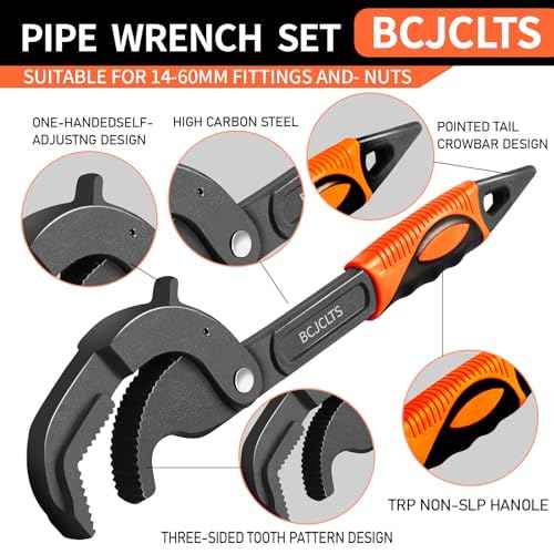 Pipe Wrench Set, 10¡± and 15¡± Self Adjusting Wrench 2-Piece Plumbing Tools for 0.55¡°-2.36¡±/14-60mm Standard Nuts, Irregular Nuts,Pipes Use