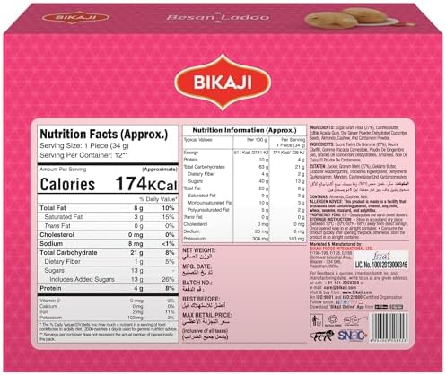 Bikaji Besan Ladoo – 14.11 Oz (400g) , Traditional Indian Sweet Made with Desi Ghee , Gram Flour Laddu with Almonds, Cashews & Pistachios , Rich Texture & Flavor , Festive Mithai for Gifting & Celebrations Perfect Sweet Box