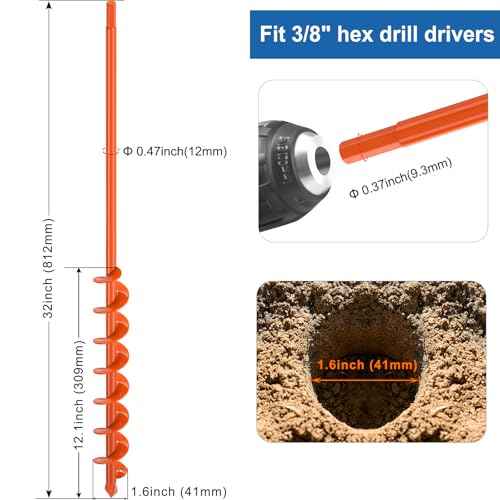 1.6 X 32 inch Auger Drill Bit for Post Hole Digger Garden Hole Drill for Planting Fit for 3/8 Inch Hex Drive Drills Auger for Drills Bulb Planter Tool for Fence Post, Beach Umbrella Holes