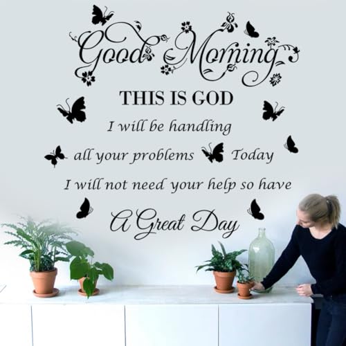 Bible Verse Inspirational Quote Good Morning This Is God Wall Stickers - Religious Decals With Flower Butterfly for Bedroom, Living Room, Office, Bathroom Decoration, Black