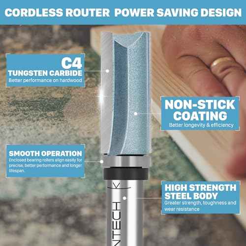 KEENTECH Router Bits 1/4" Shank, Flush Trim Router Bit, Top Bearing Carbide Tipped Pattern Bit, Template Straight Heavy Duty Woodworking Trimming Cutting Tool for Wood, 1/2" Diameter, 1-1/2" Depth