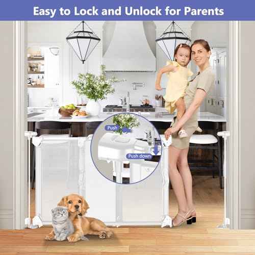 Sliding Baby Gate for Doorways Expandable 32"-55" Wide Adjustable Dog Gate 28 Inch Tall Step Over Pet Gate Indoor Mesh Dog Gate for Doorways Mesh Baby Gate for Stair Outdoor Baby Gate for Deck (White)