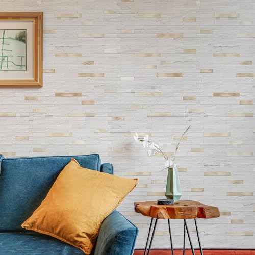 20 Sheets Peel and Stick Backsplash for Kitchen, Pearl White Sandstone with Metal Gold Look Stick on Tile Upgrade Your Kitchen Backsplash, RV, Fireplace